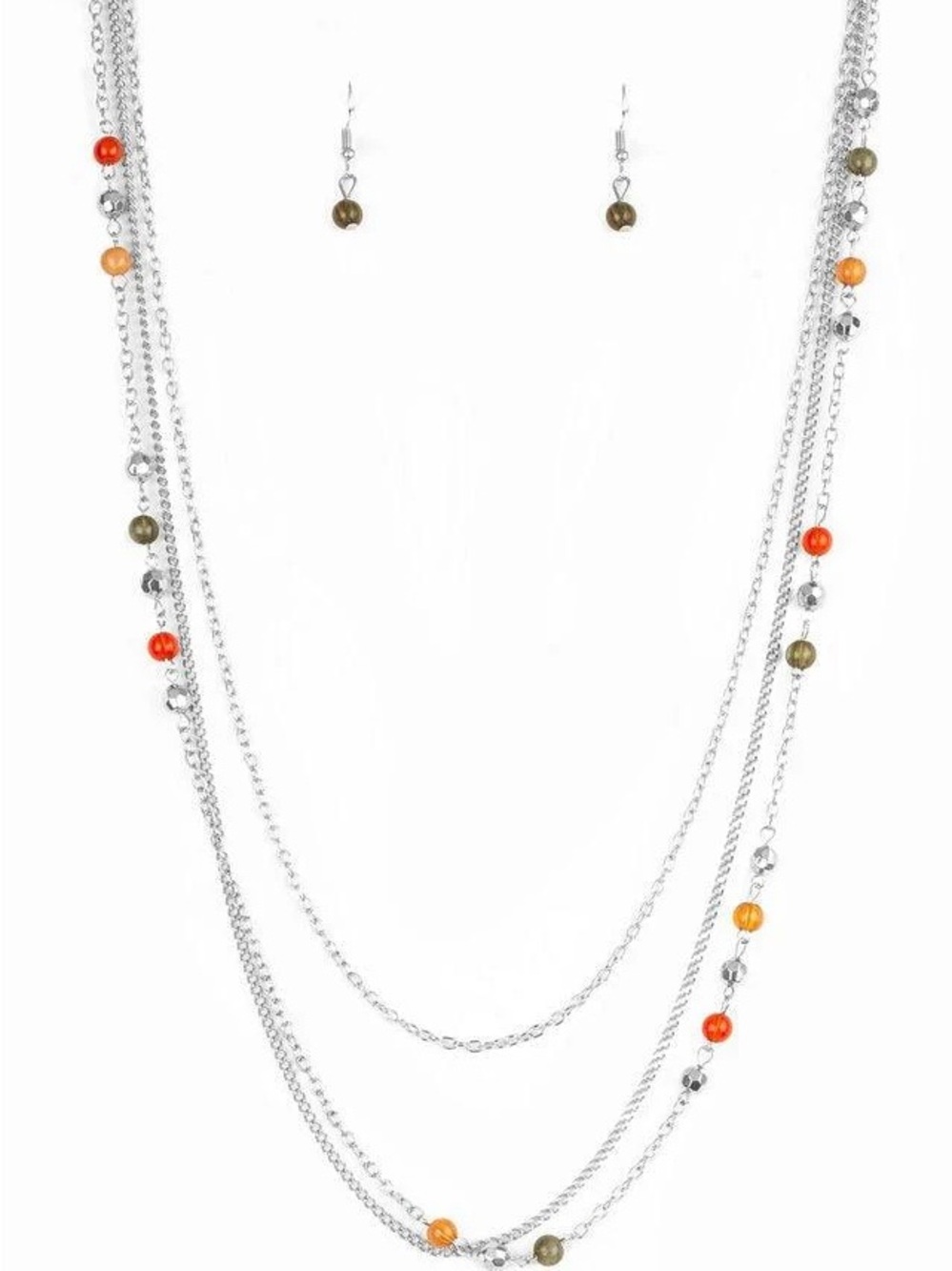 paparazzi Silver Layered Necklace with Orange and Olive Beads